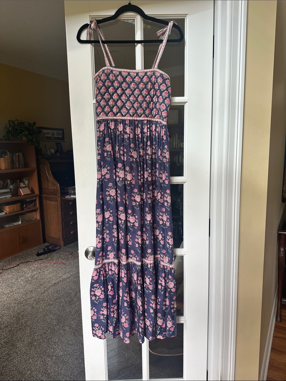 Smocked Navy Maxi Dress with Pink Floral Print